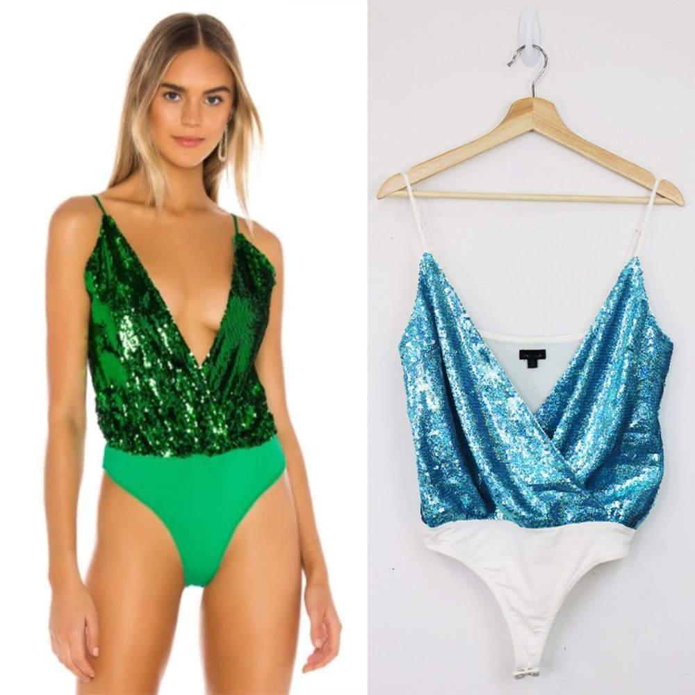 NBD Labyrinth Bodysuit Sequin Embellished Sleeveless Surplice V-Neck Thong Blue